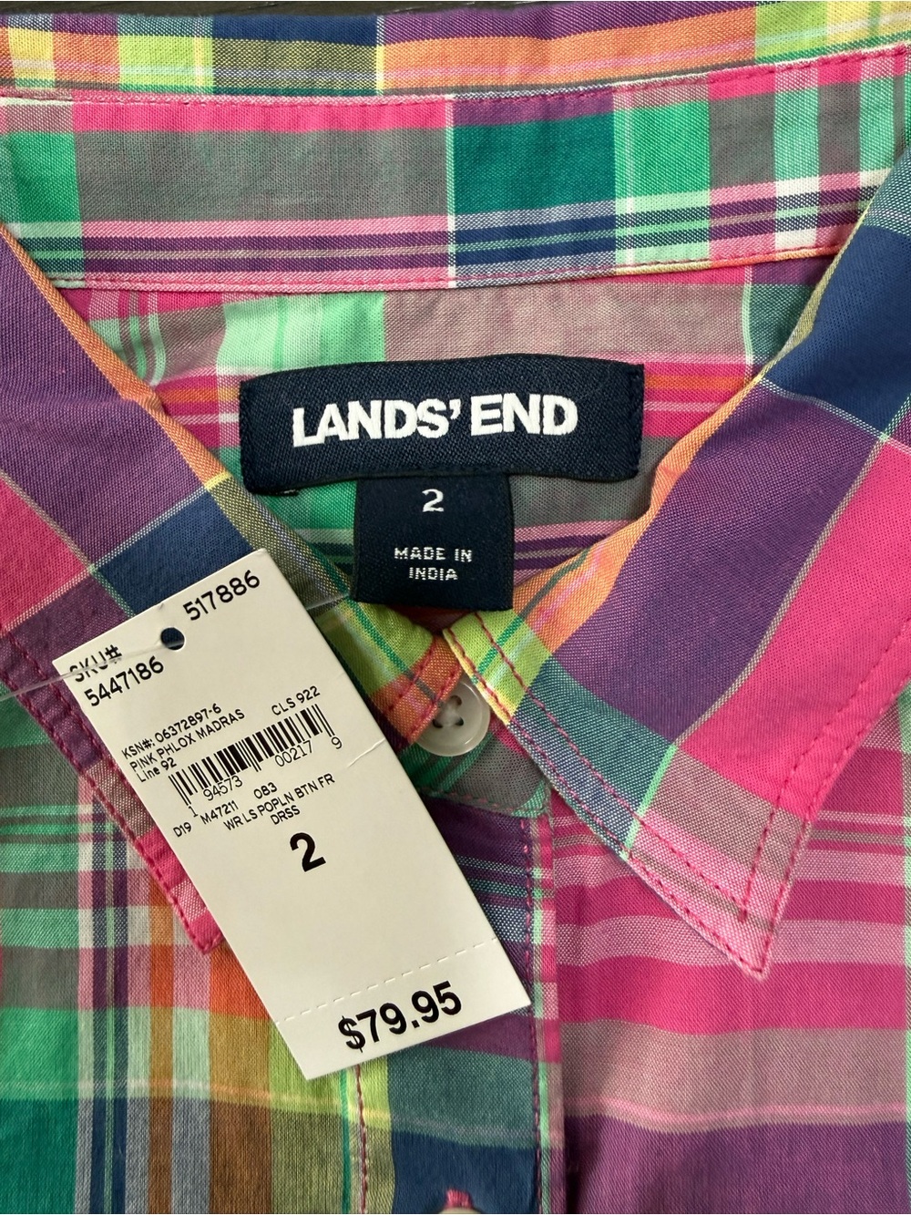 NWT Lands’ End Madras Plaid Shirt Dress Women’s 2 Pink Cotton Button Front - Picture 7 of 8